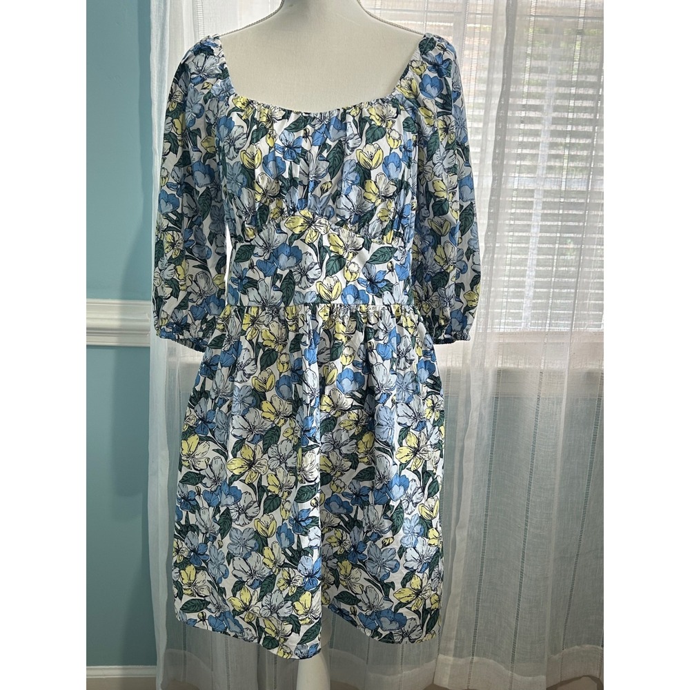 Cato Blue Yellow Floral Mini Dress Puff Sleeve Pockets Size 16 100% cotton